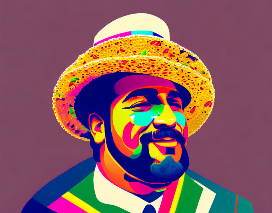 Vibrant portrait of smiling man with beard in sombrero and colorful outfit