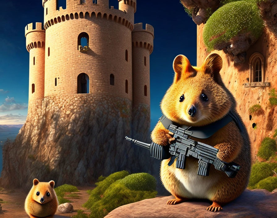 Two quokkas in animated image with rifle, medieval castle, and scenic sky