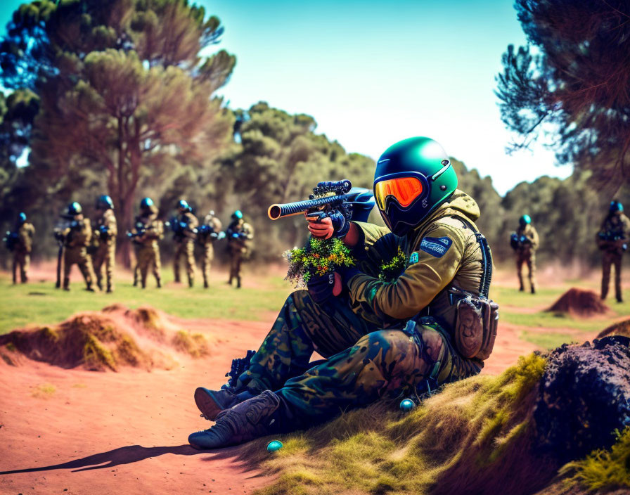 Camouflaged person with paintball gun in forest setting