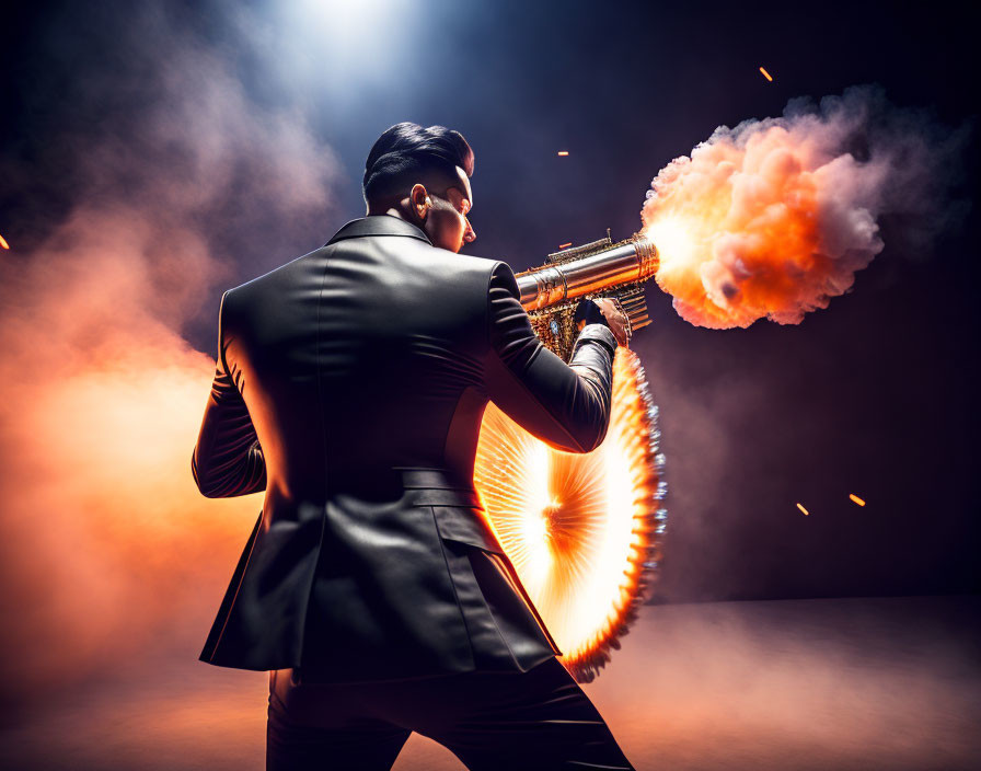 Person in suit fires futuristic weapon in dramatic setting