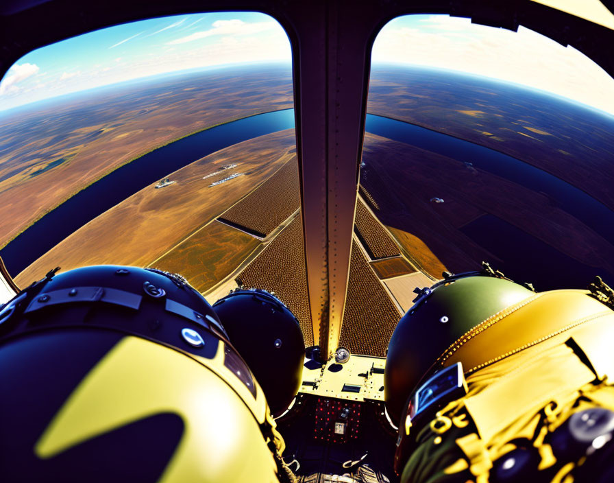 Aircraft cockpit view with pilot helmets and vast landscape below