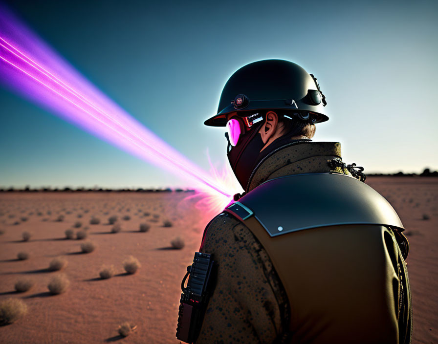 Futuristic armored figure in desert landscape with purple laser beams