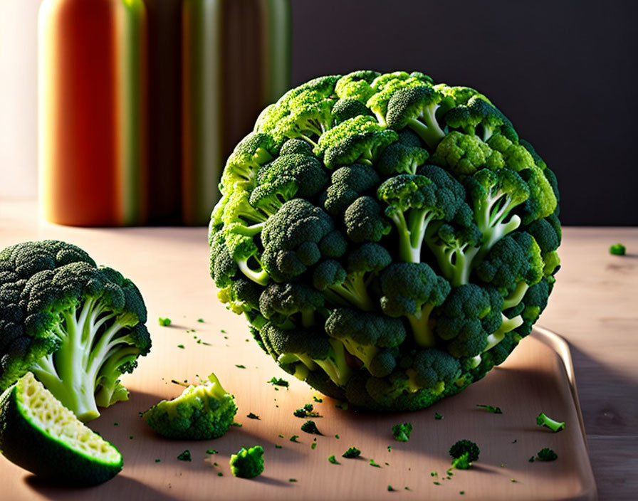 Fresh whole broccoli and sliced piece on cutting board with dramatic lighting on dark background