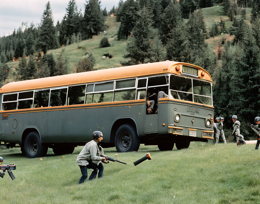 Military soldiers training with firearms near old bus in grassy hills.