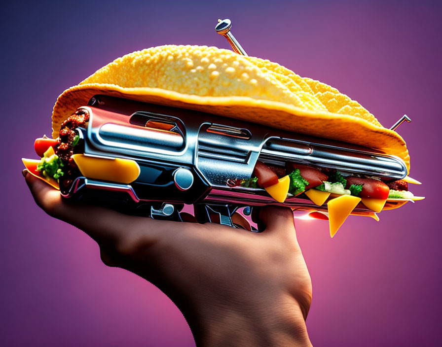 Metallic Gun Body Taco Surrounded by Traditional Fillings in Human Hand