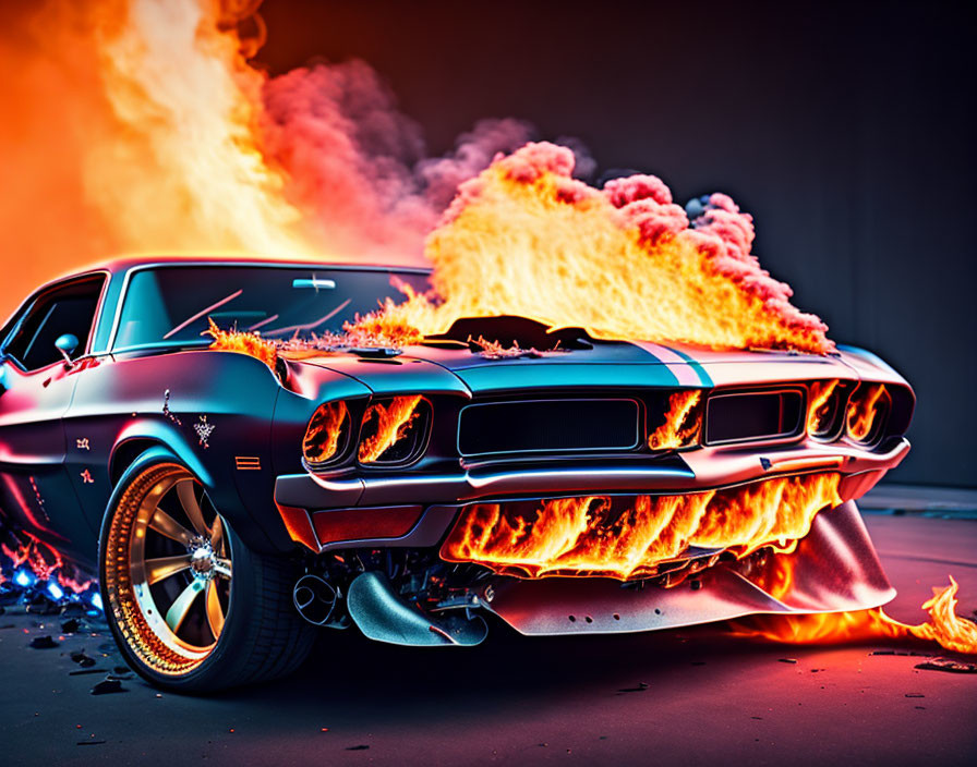 Vintage Muscle Car with Fiery Orange and Blue Flames