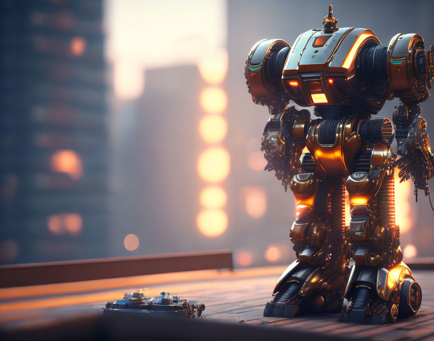 Detailed Robot on Wooden Surface with Blurred Cityscape at Sunset