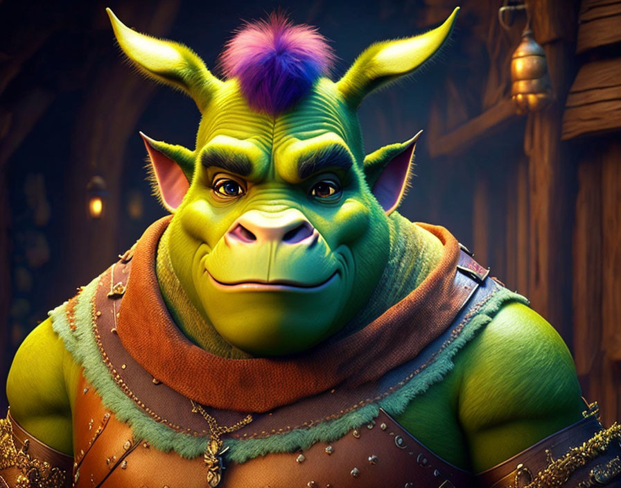 3D animated ogre with green skin, purple mohawk, and tusks in wooden interior