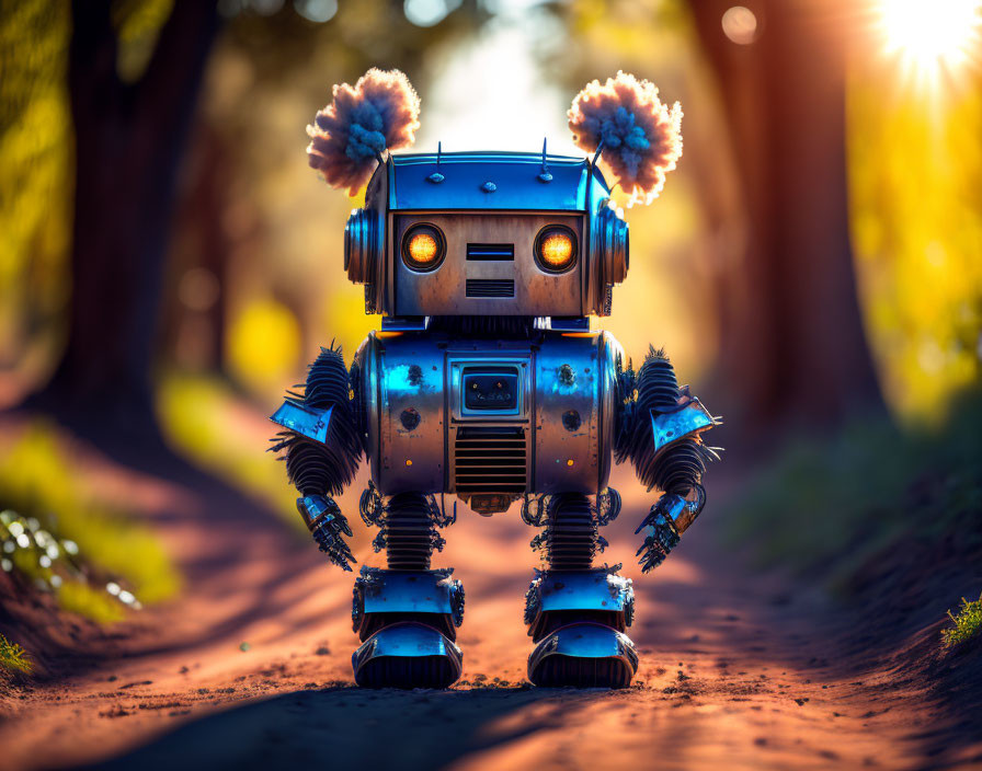 Whimsical robot with puffy "hair" and glowing eyes in forest setting