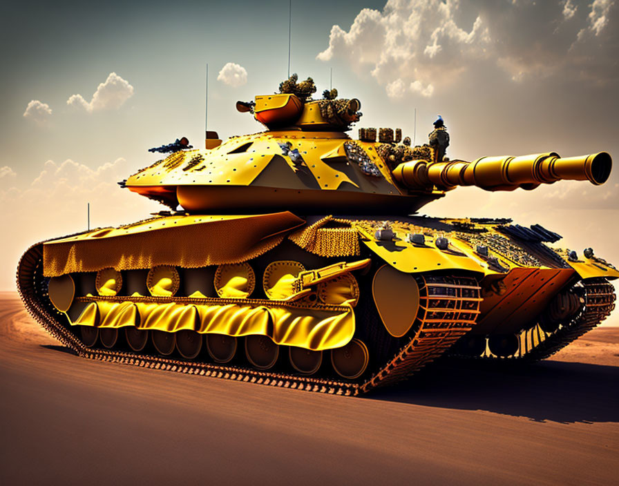 Golden stylized tank in desert landscape with exaggerated features