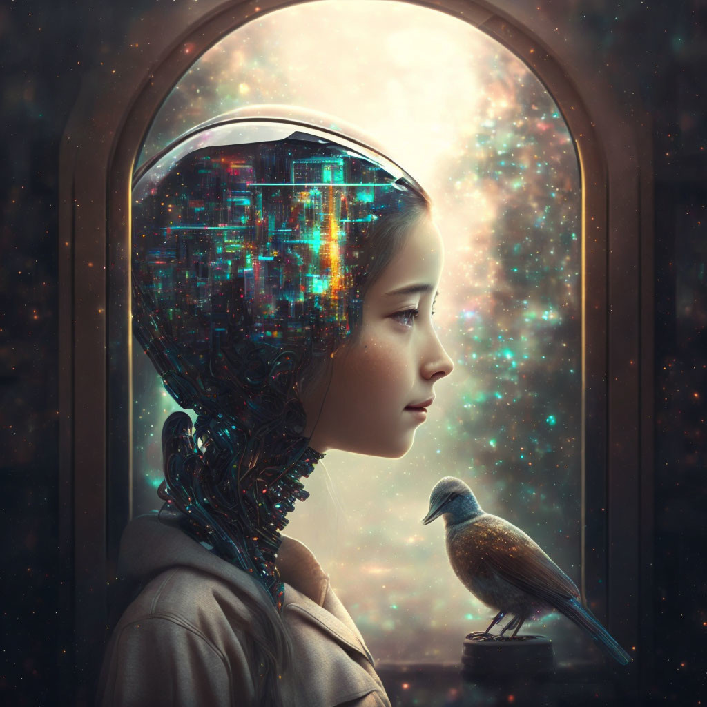 Young girl with cybernetic enhancements gazes out window with bird and cosmic backdrop