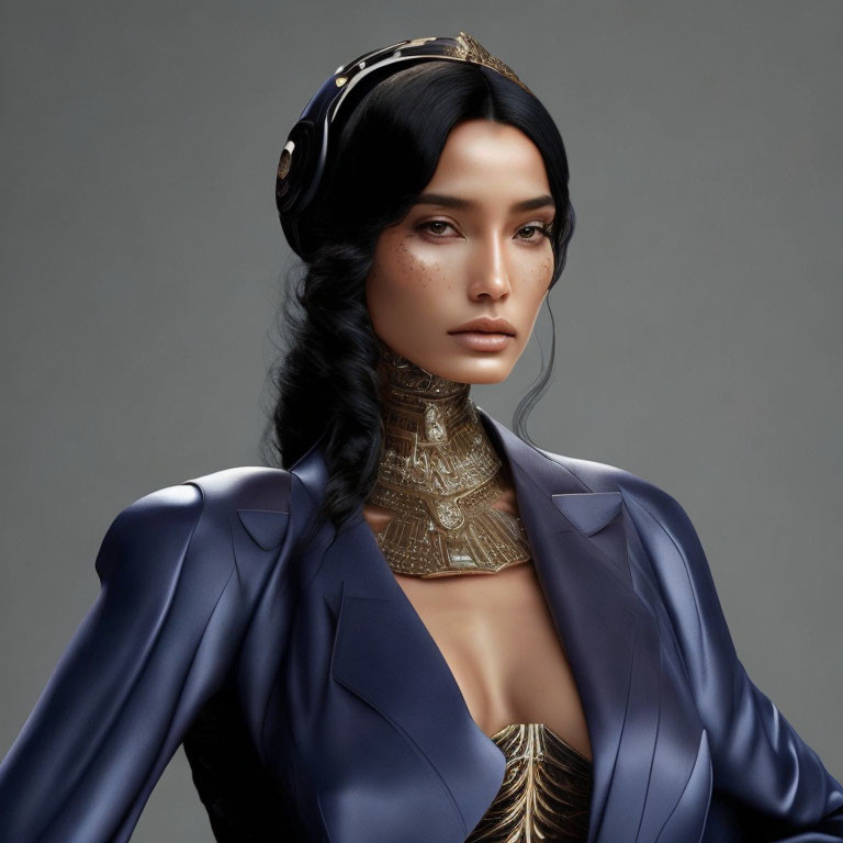 Elegant woman with braid, headpiece, blue blazer, and gold neckpiece on gray