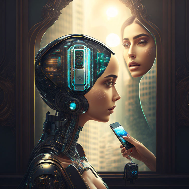 Female humanoid robot with intricate head circuitry gazes at human-like reflection in mirror with smartphone.