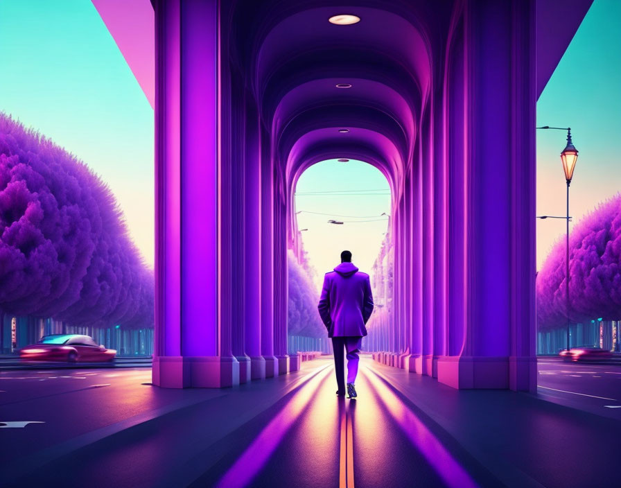 Silhouetted person walking down vibrant purple-lit corridor with arches and topiary trees