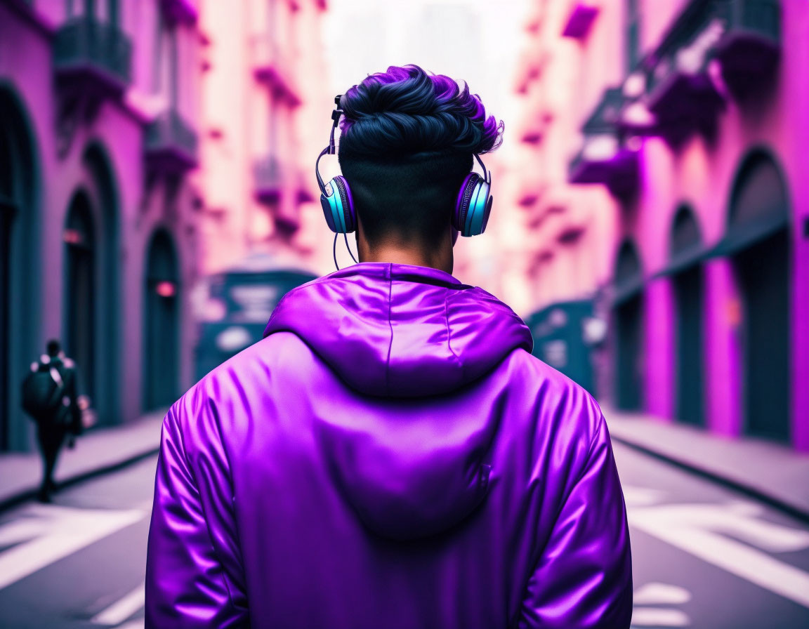 Stylish person with headphones in purple jacket in urban alley