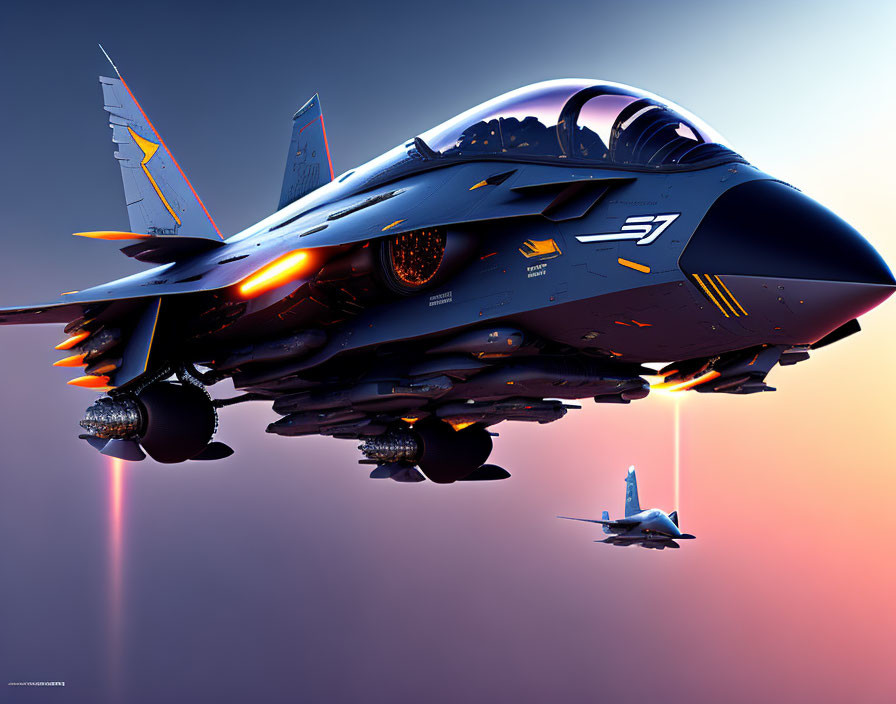 Advanced futuristic fighter jets in twilight sky.