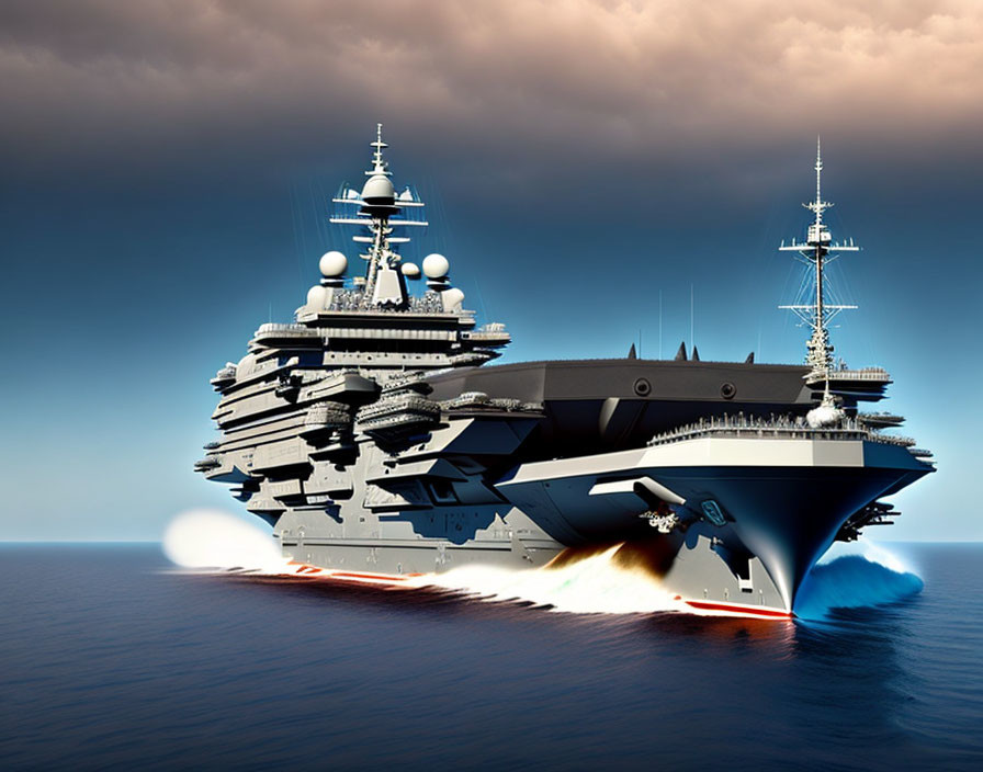 Futuristic aircraft carrier launches missile on ocean under cloudy sky