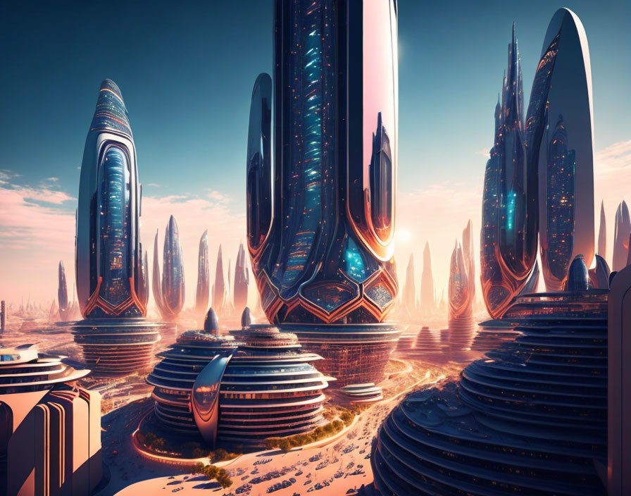 Futuristic cityscape with sleek skyscrapers under pinkish sky