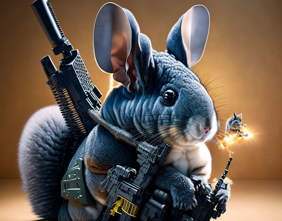 Detailed Digital Artwork: Chinchilla with Futuristic Weapons and Armed Squirrel on Warm Background