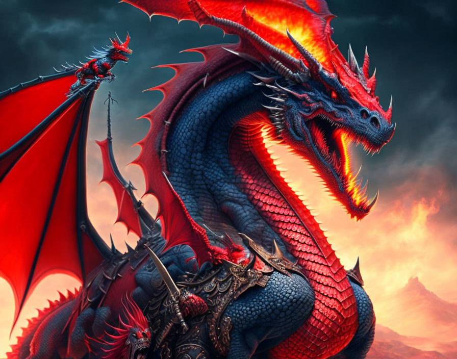 Majestic red dragon with expansive wings in a fiery sky