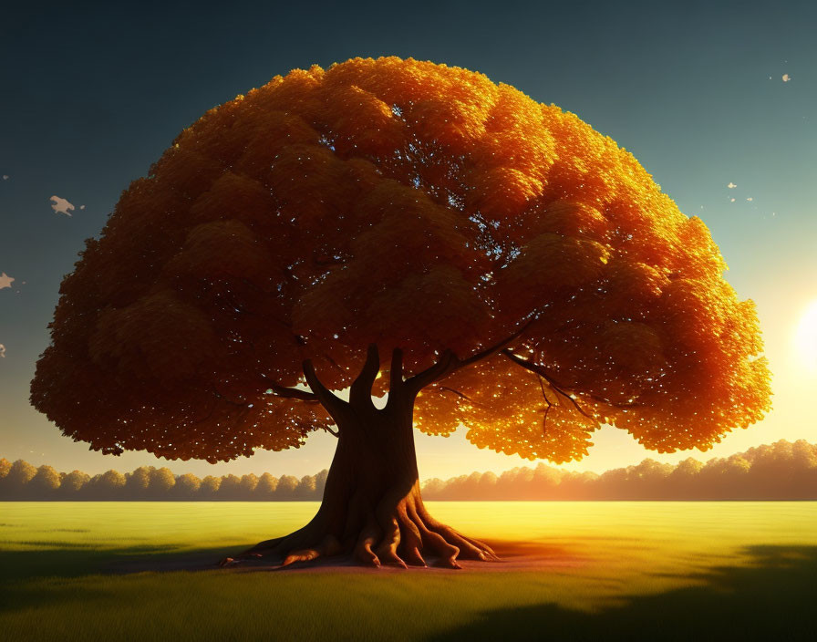 Majestic tree with vibrant golden canopy in serene field at sunrise or sunset