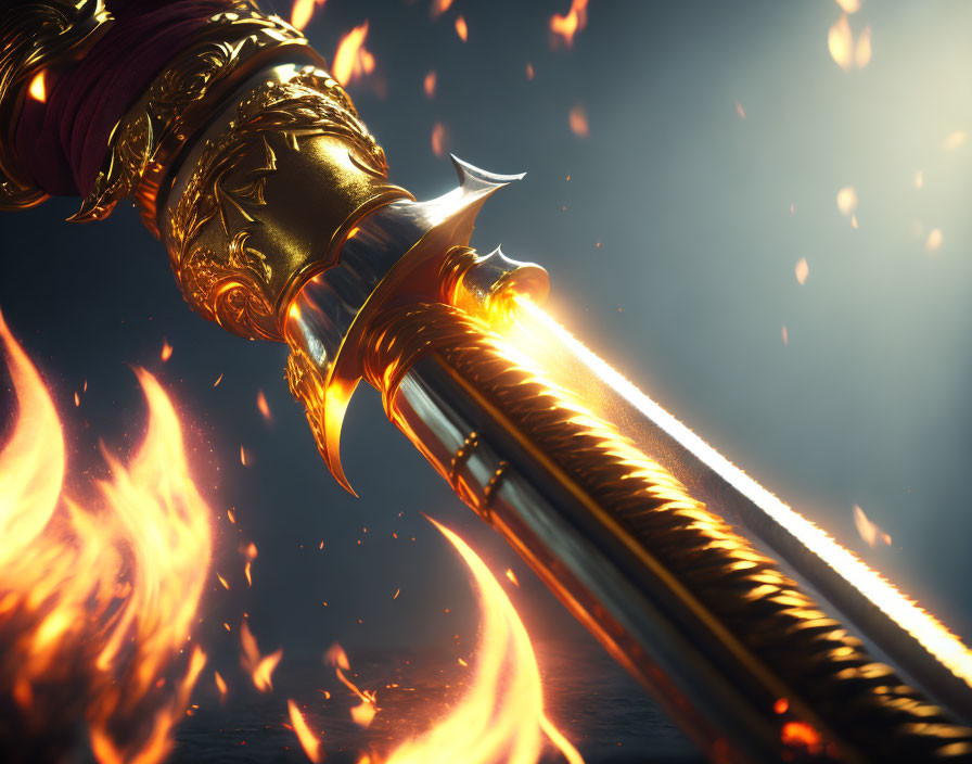 Fantasy sword engulfed in flames on dark backdrop