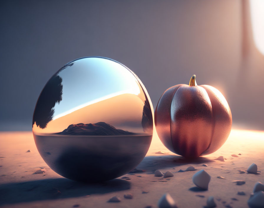 Reflective sphere with mountain landscape and metallic pumpkin in warm light