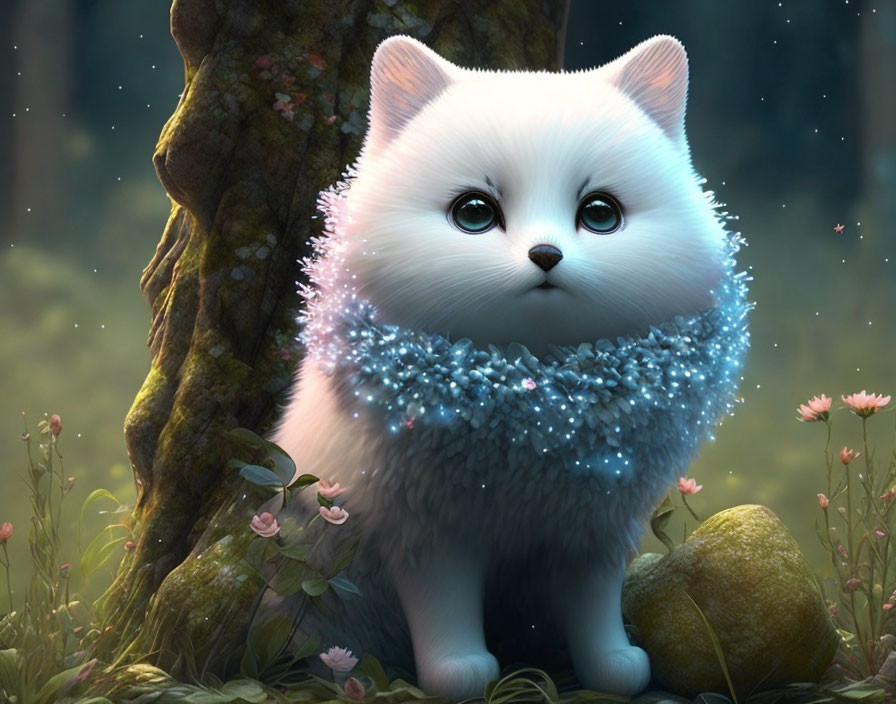 Fluffy white cat with soulful eyes in enchanted forest setting