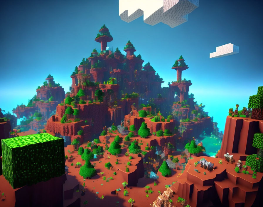 Colorful 3D landscape with floating islands and cube-shaped trees