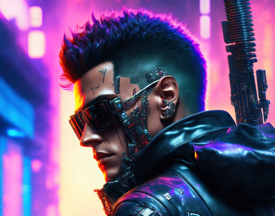 Male figure with mohawk & AR glasses in cyberpunk neon-lit scene