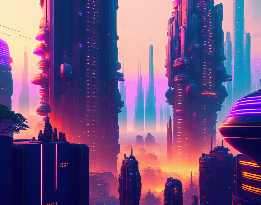 Futuristic cityscape: Pink and purple skyscrapers, neon lights