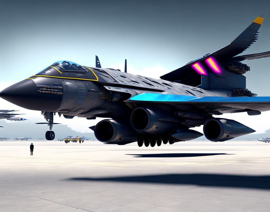 Futuristic black jet with neon highlights on an airstrip