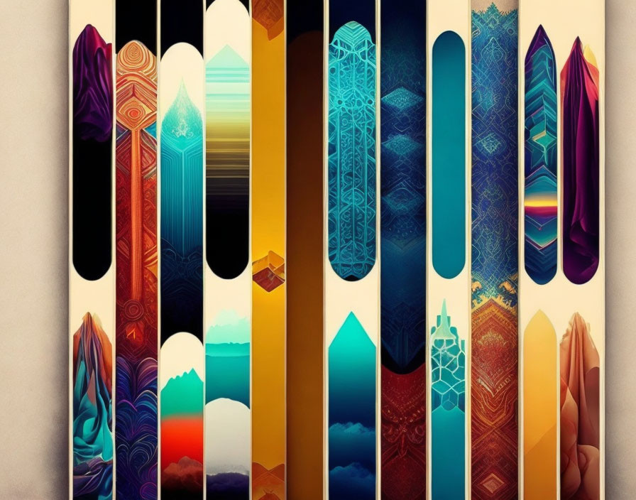 Assorted Vertical Bookmarks with Unique Patterns and Mountain Silhouettes