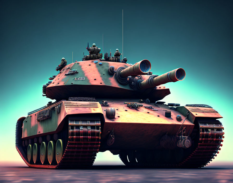 Futuristic tank with oversized cannons and treads under a pastel sky