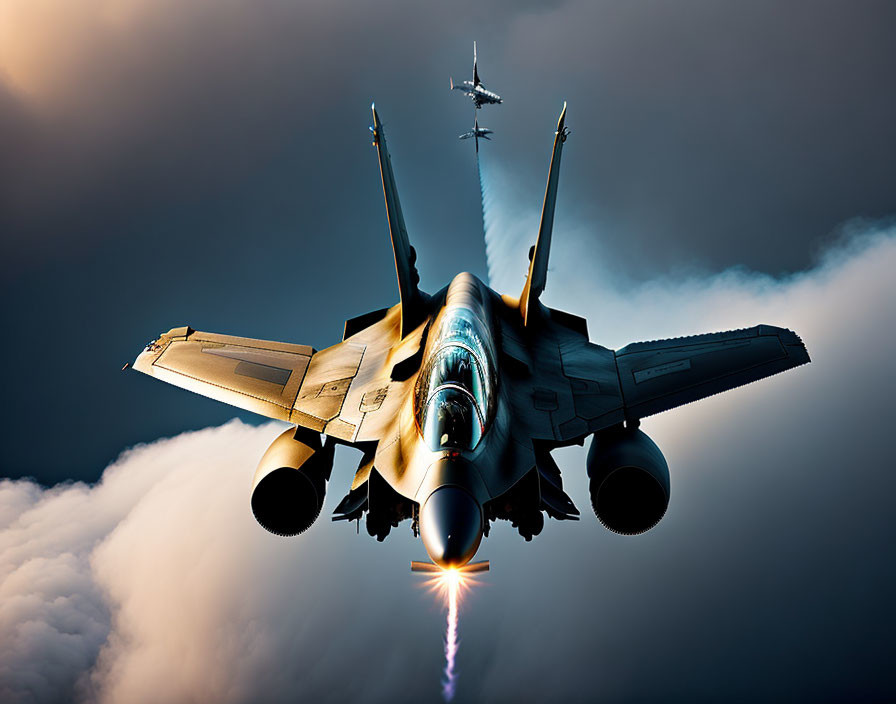 Military fighter jets with afterburners flying in dramatic sky landscape