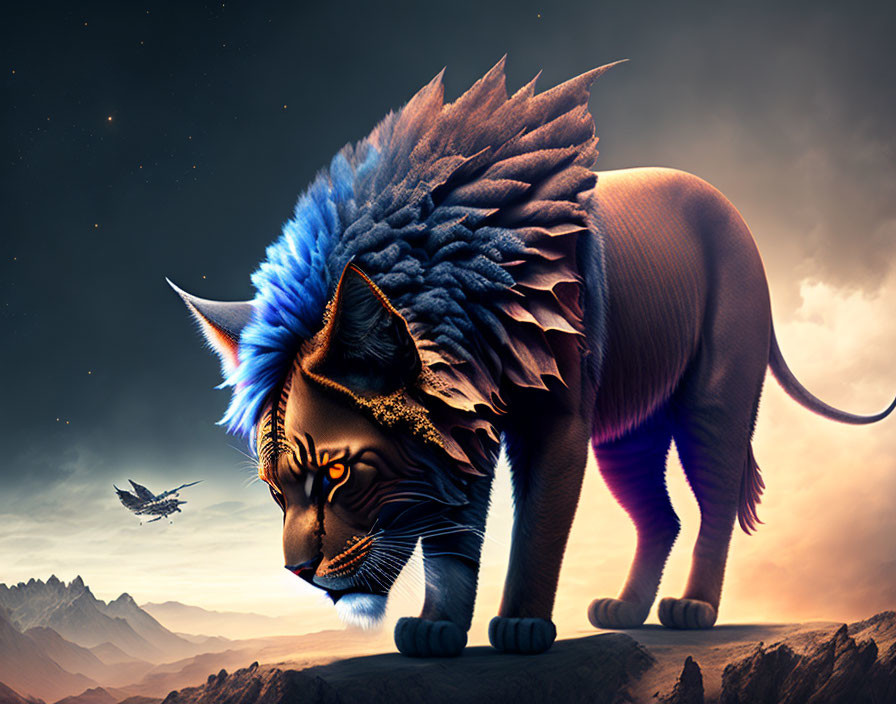 Majestic lion with vibrant blue and orange mane on mountain ledge