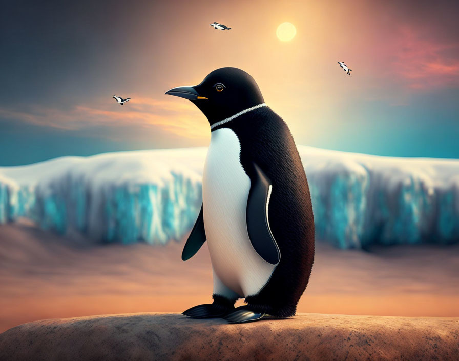 Penguin on Rock at Sunset with Icebergs and Birds