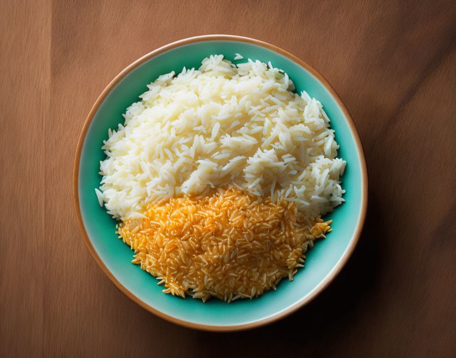 Wooden table with bowl of half white and half yellow rice