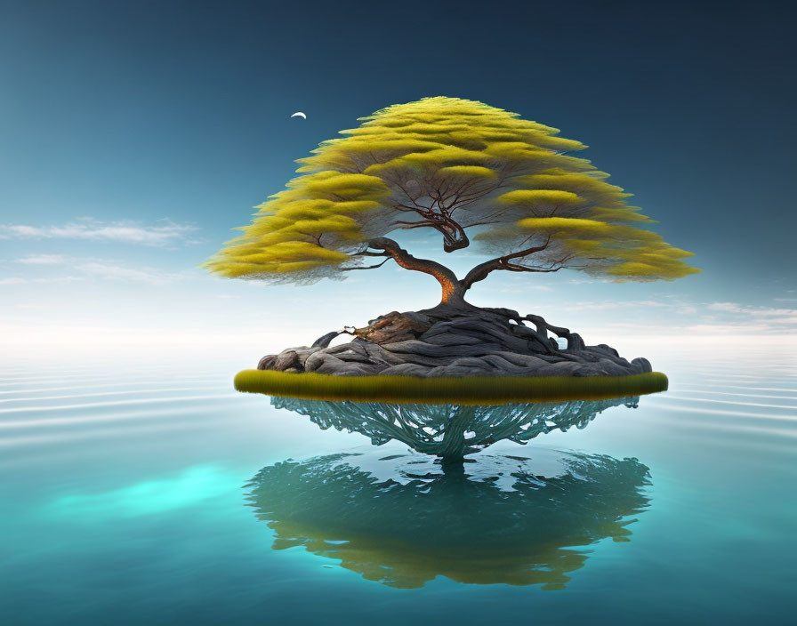 Surreal lone tree with yellow foliage on floating island with crescent moon reflection