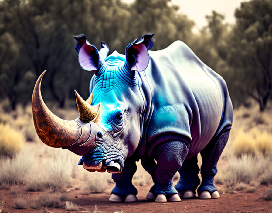 Vibrant blue and white rhinoceros in natural setting