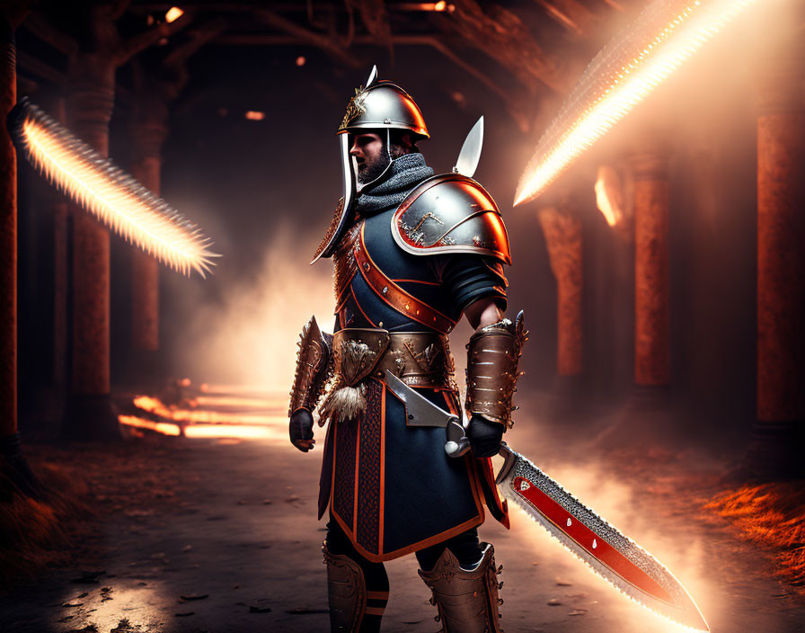 Ornate armored knight with sword in fiery corridor