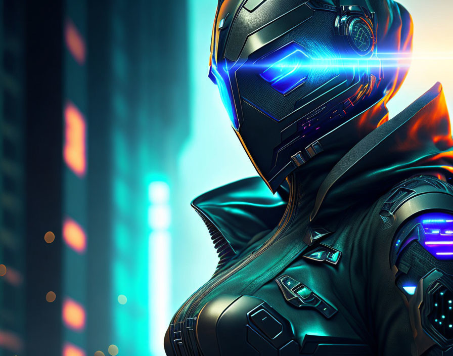 Futuristic warrior in high-tech helmet with glowing lights against urban backdrop.