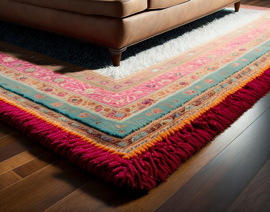 Colorful Pink, Blue, and White Rug Partially Under Brown Leather Sofa