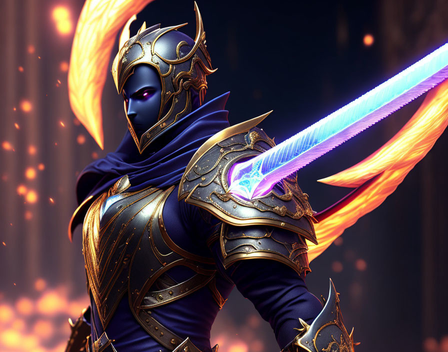 Golden-armored warrior wields blue sword in fiery setting