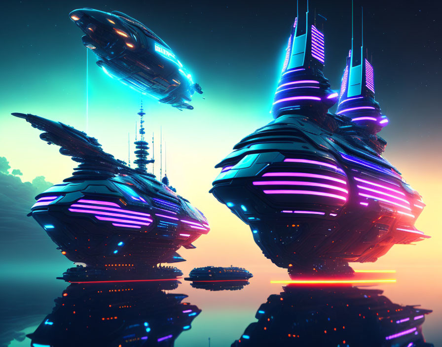 Futuristic spaceships with neon lights in twilight sky