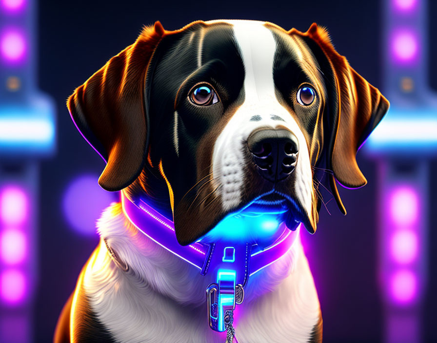 Digitally illustrated beagle with glowing neon collar on blurred purple background