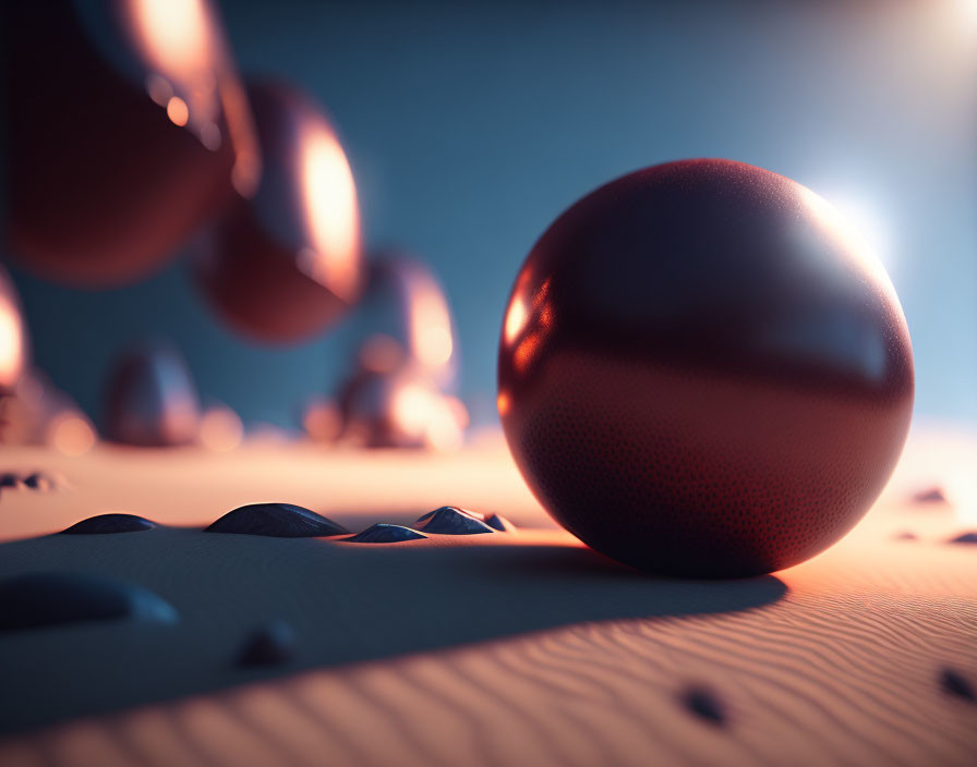 Basketball on Textured Surface with Other Balls, Warm Lighting, Blue Sky