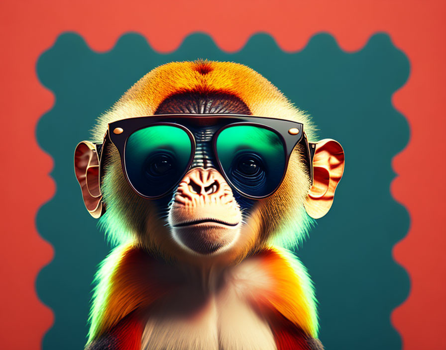 Vibrant monkey with reflective sunglasses on turquoise background.