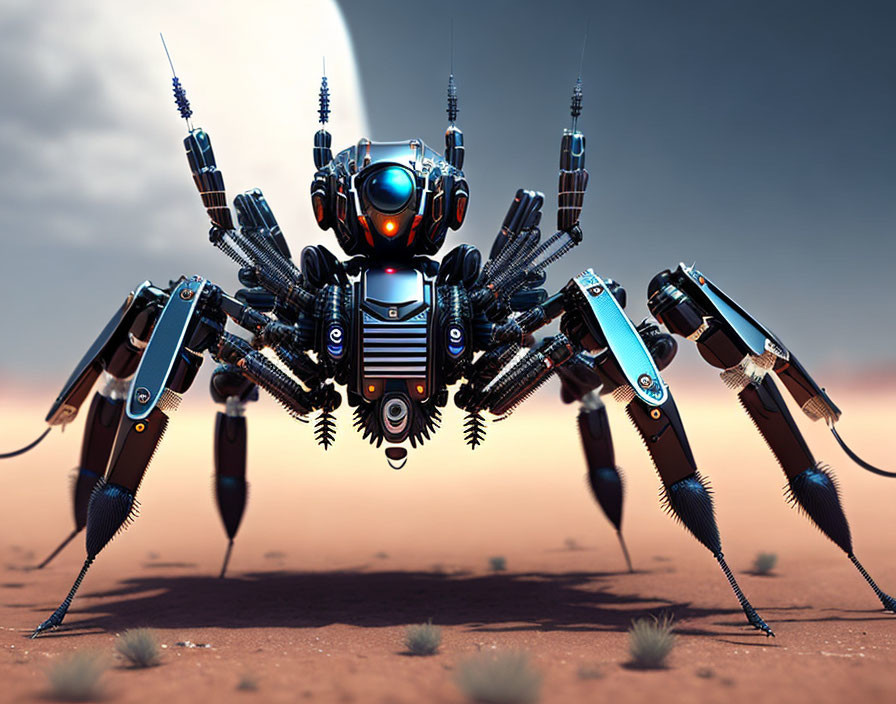 Intricate futuristic robotic spider in desert setting