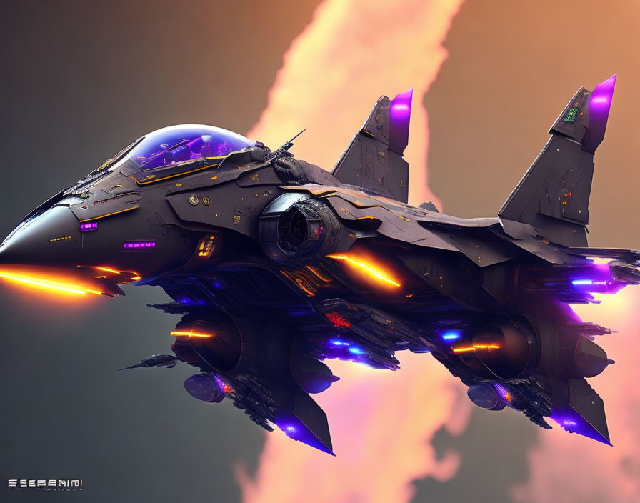 Advanced fighter jet with glowing thrusters and neon accents